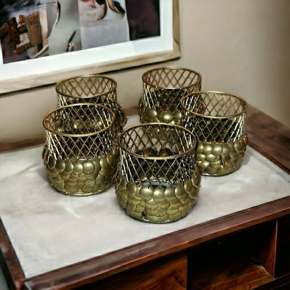 Pottery Barn Marrakech Vintage Gold Votive Candle Holders - Lot Of Five